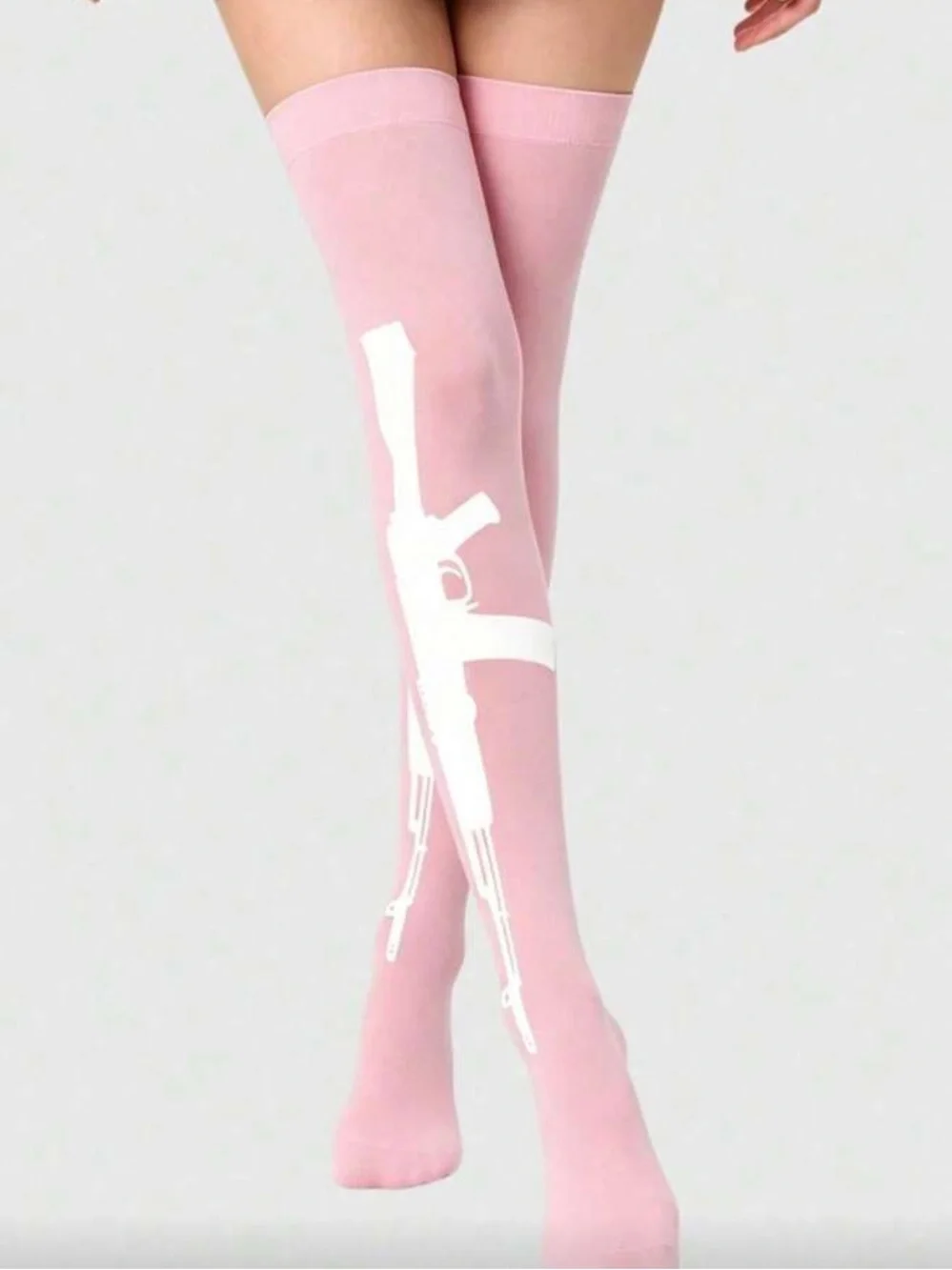 Pink Thigh-High Socks with White Rifle Graphic